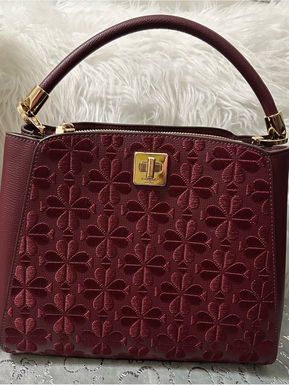 NWT Kate Spade Burgundy Quilted Floral Top-Handle Satchel and matching wallet